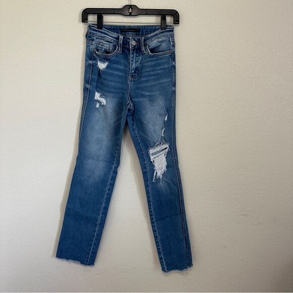 Flying monkey high rise slim straight distressed cuffed denim jeans - Picture 2 of 7